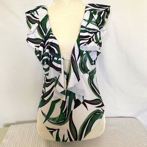 One Piece White & Green Palm Leaf Bathing Suit
